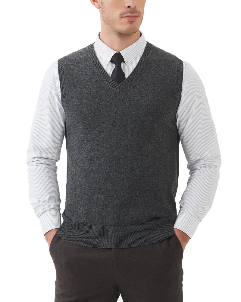 Kallspin Men's Wool Blended Vest Sweater Relaxed Fit V Neck Sleeveless Knitted Vest Pullover (Charcoal, X-Large) - Image 1